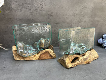16cm Molten Glass Square Bowl On Teak Root Base, 3 of 12