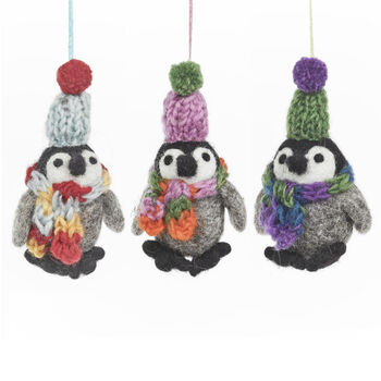 Handmade Felt Frosty Penguins Christmas Decorations Set Of Three, 2 of 5