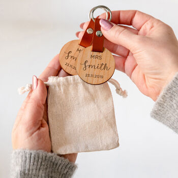 Personalised Mr And Mrs Wooden Keyring Pair For Couples, 3 of 4