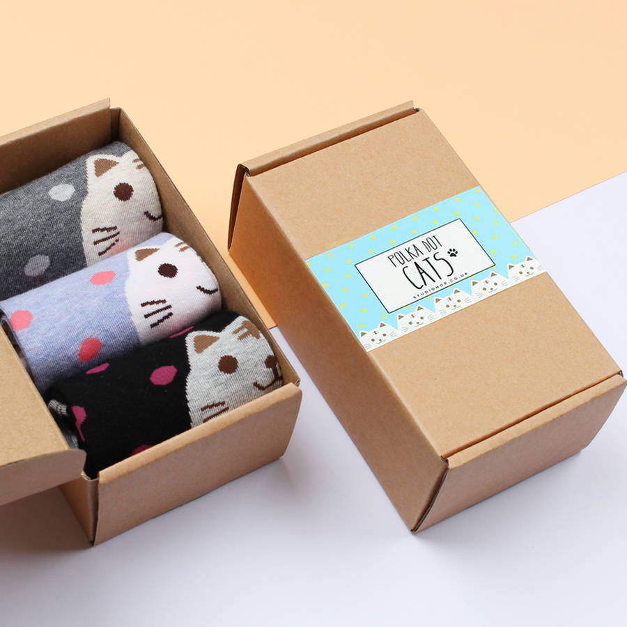Set Of Three Polka Dot Cats Socks In A Gift Box By Studio Hop