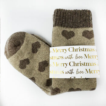 Christmas Cosy Socks In Neutral Coffee Cream Colour With Gold Foiled Personalised Label ,Warm Socks, 2 of 3