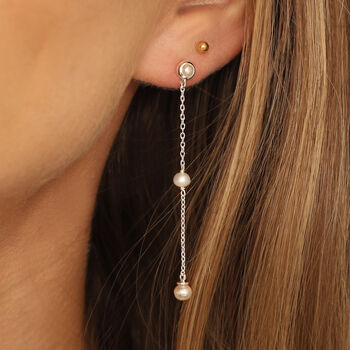 18 K Gold Vermeil Suspended Pearl Chain Earrings, 2 of 6