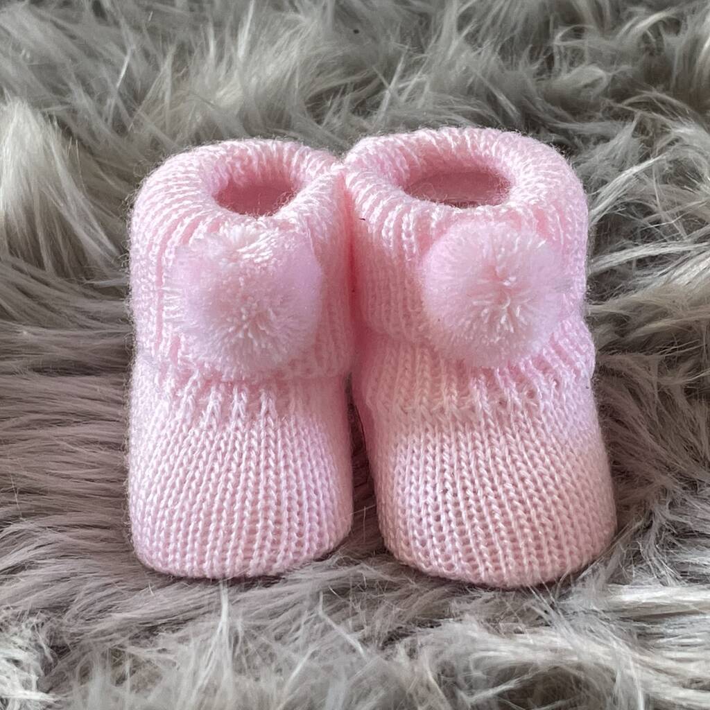 Pink Knitted Baby Booties With Pom Pom, 1 of 8