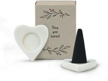 East Of India Mini Matchbox Incense Holder And Two Incense Cones Black Pomegranate 'You Are Loved' Heart, 4 of 4