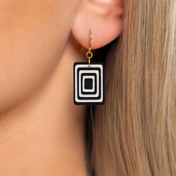 Black And White Geometric Rectangle Earrings • Gold Plated Sterling Silver Hooks, 2 of 9