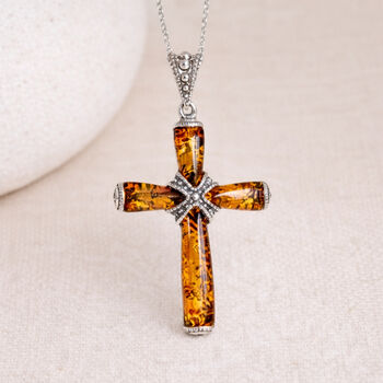 Personalised Sterling Silver Baltic Amber Cross Pendant Necklace, 4 of 12
