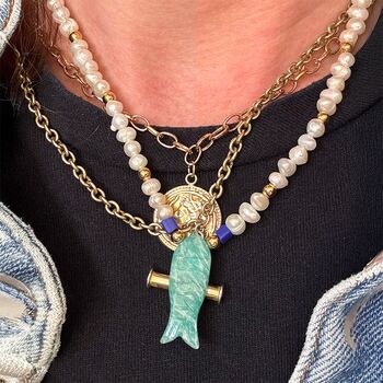 Carved Fish Necklace With Blue Details And Freshwater Pearls, 4 of 5