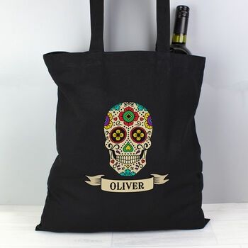 Personalised Sugar Skull Black Cotton Bag, 2 of 3