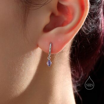 Very Tiny Rhombus Amethyst Purple Cz Huggie Hoop In Sterling Silver, 6 of 12