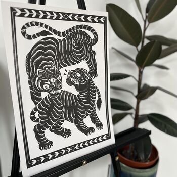 Korean Tigers Hand Carved And Hand Printed Lino Print, 2 of 2