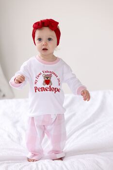 My First Valentines Embroidered Personalised Bear Checked Pyjamas, 2 of 7