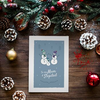'To My Mum And Stepdad' Christmas Card Snowmen, 2 of 7