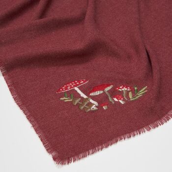 Mushroom Embroidered Burgundy Pashmina Scarf, 4 of 5