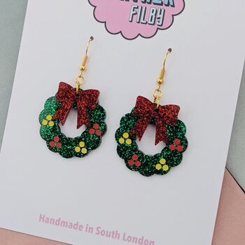 Christmas Wreath Glitter Earrings, 3 of 4