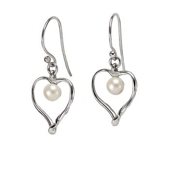 Molten Sterling Silver White Pearl Heart Drop Earrings, 2 of 6