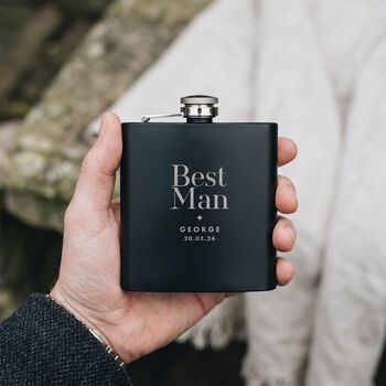 Personalised Engraved Black Metal Hip Flask Wedding Party And Father Of The Bride Gift, 3 of 10