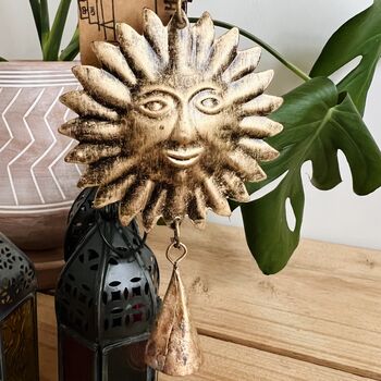 Hanging Brass Sun With Indian Bell Wind Chime, 3 of 5