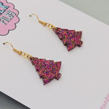 Red Wine / Hot Pink And Gold Glitter Christmas Tree Earrings Small And Large, 4 of 9