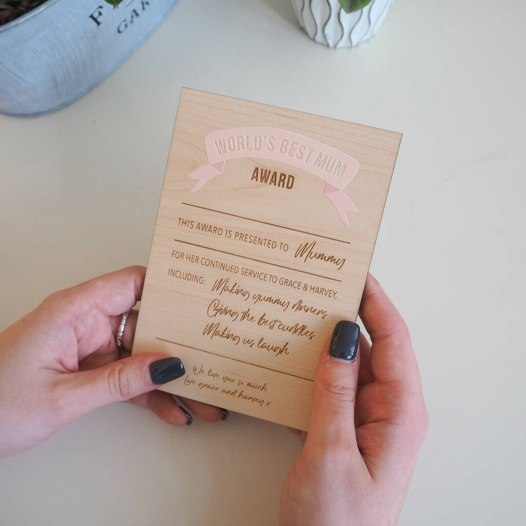 Personalised Wooden World s Best Mum Award Card By Proper Goose 