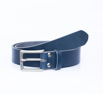 Handmade Mens Premium Leather Belt Blue 35mm Wide, 7 of 10