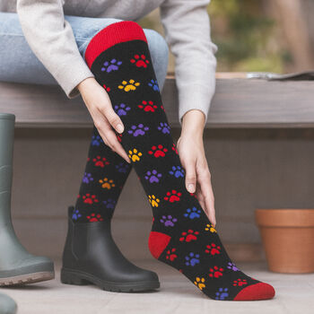Personalised Birthday Paw Print Welly Socks With Gold Foil Label, 8 of 10
