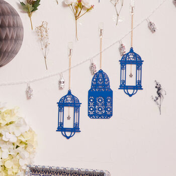 3pc Blue Wooden Eid Hanging Lanterns, 3 of 4
