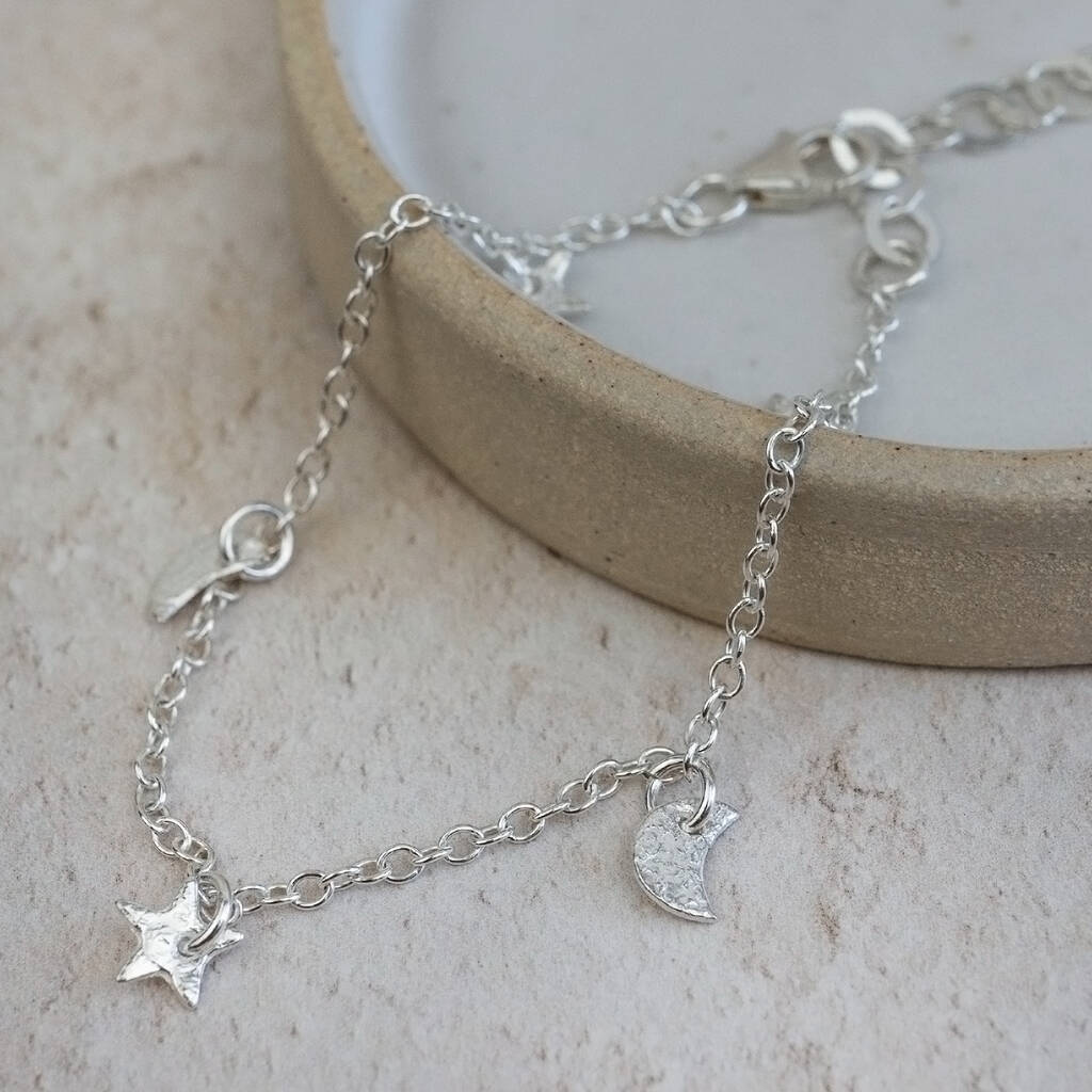 Sterling Silver Star And Moon Charm Bracelet By Lucy Kemp Silver Jewellery