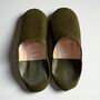Handmade Moroccan Olive Green Leather Babouche Slippers, thumbnail 4 of 5