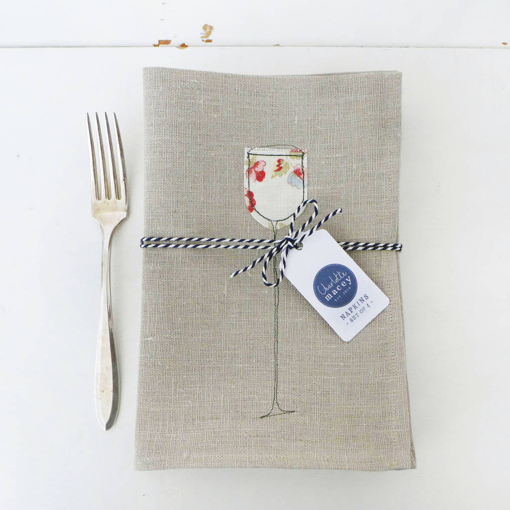 Embroidered Wine Glass Napkins By Charlotte Macey