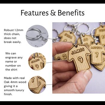 Personalised Football Shirt Keyring With Engraved Names And Numbers — Perfect For Kids' Party Favours, Team Gifts Or Stocking Fillers, 5 of 7