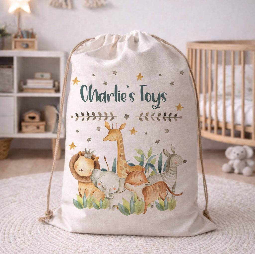 Kids Personalised Jungle Animals Toy Storage Bag, 1 of 1