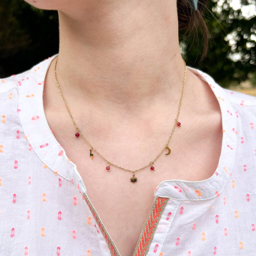 Waterproof Gold Plated Necklace With Charms And Red Stones, 1 of 3