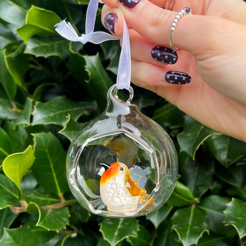 Handmade Open Glass Bauble With Robin, 1 of 4