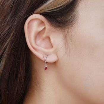 Tiny Ruby Pink Droplet Cz Huggie Hoop Earrings, 3 of 11