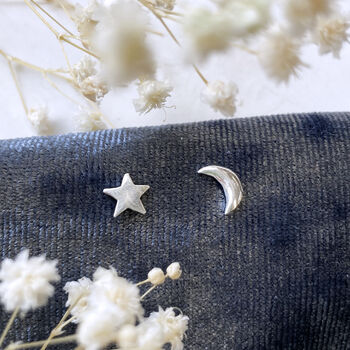 Sterling Silver Moon And Star Stud Earrings, 5 of 8