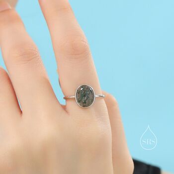 Sterling Silver Large Oval Cabochon Moss Agate Classic Single Stone Engagement Ring, 7 of 12