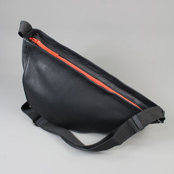 Black Leather Crossbody Sling Bag With Orange Zip, 5 of 8