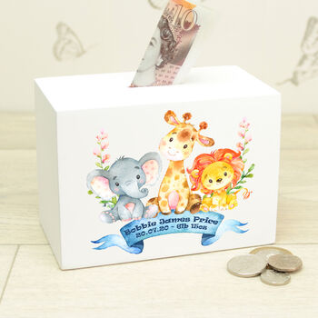 Personalised Jungle Animals Wooden Money Box, 2 of 5