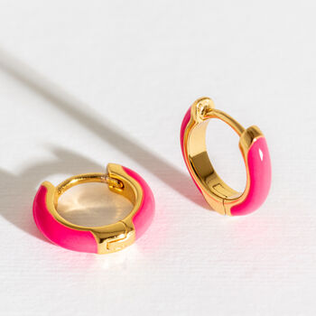 Hot Pink Enamel 14k Gold Vermeil Plated Huggie Earrings, 5 of 7