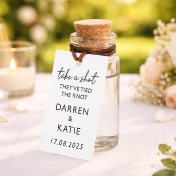 Take A Shot They've Tied The Knot Wedding Favours Personalised Shot Bottle, 8 of 9