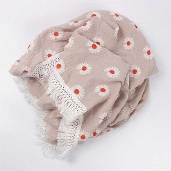 Daisy Floral Pure Cotton Muslin Tassel Baby Blanket, 3 of 3