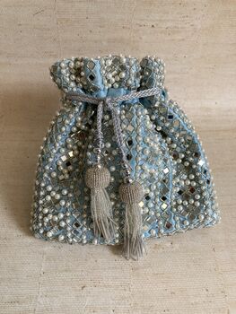 Light Blue Handcrafted Mirror Potli Bag, 4 of 10