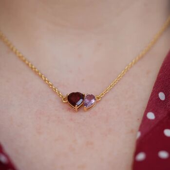 Gold Plated Garnet And Light Amethyst Heart And Drop Necklace, 2 of 3