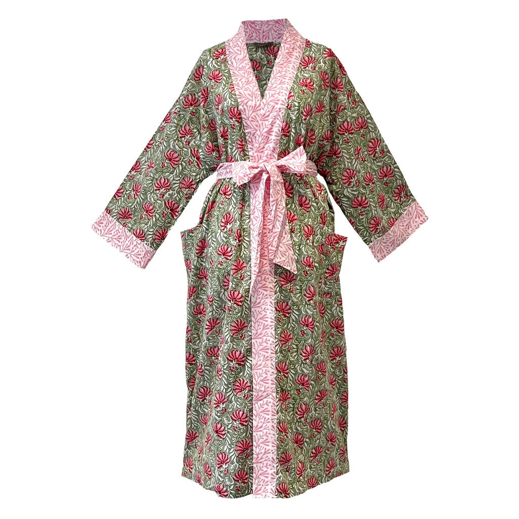 Long Cotton Block Print Kimono Jaipur Floral Green/Pink, 1 of 3