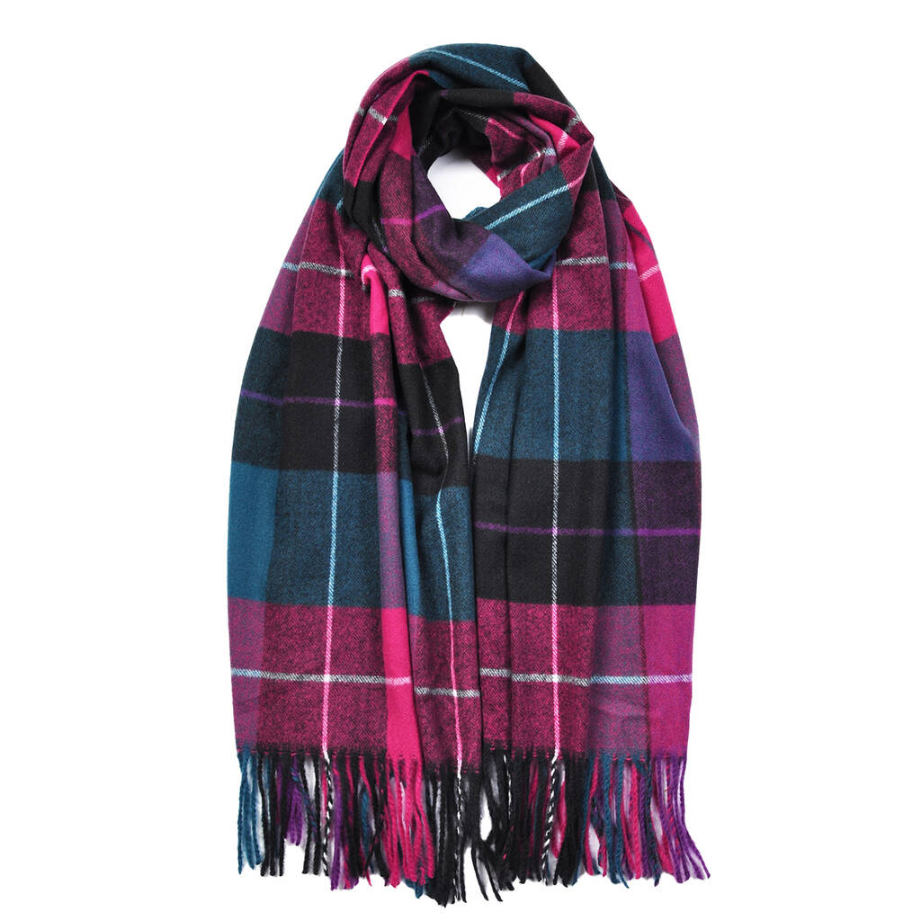 Cashmere Tartan Scarf In Teal And Pink