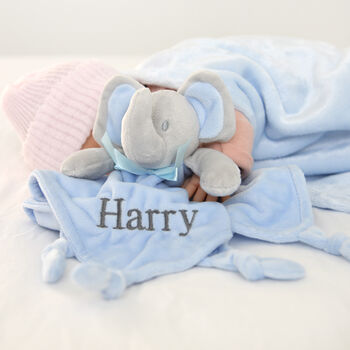 Personalised Elephant Comforter And Cable Blanket Blue, 4 of 9