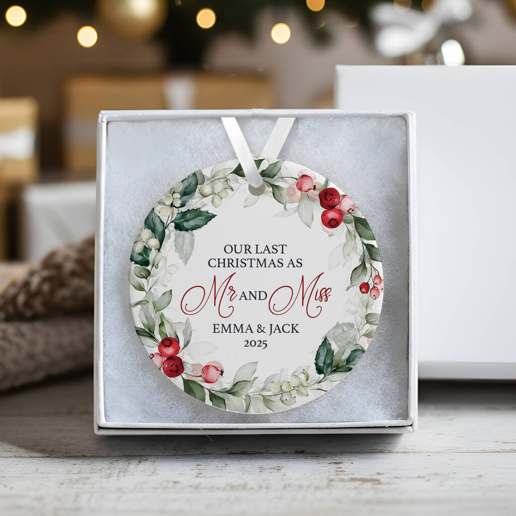 Last Christmas As Mr And Miss Personalised Ceramic Tree Decoration, 1 of 3