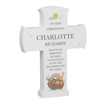 Personalised Noahs Ark Wooden Cross Ornament Christening Gift, 6 of 6