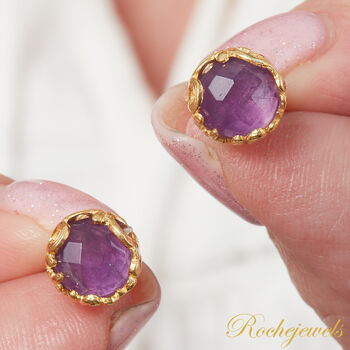 Purple Amethyst Textured Gold And Silver Stud Earrings, 3 of 11