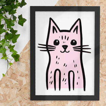 Friendly Pink Cat Print Whimsical Animal Wall Decor, 2 of 5